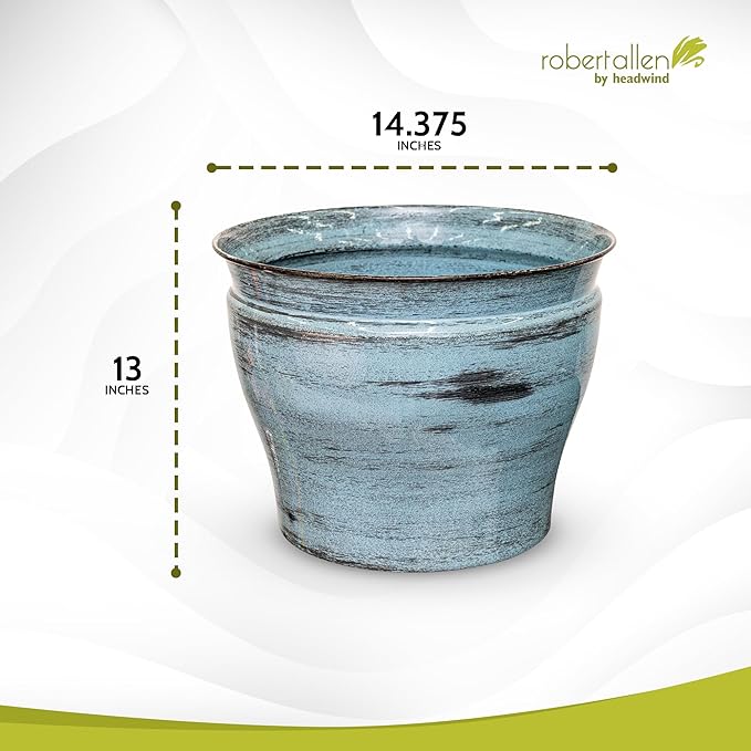 Headwind Glazed Ironstone Vanhorne Collection – 14" Azure Blue Decorative Plant Pot – Lightweight & Triple Coated w/Drainage Flower Pots for Indoor Plants & Outdoor Planter Use by Robert Allen