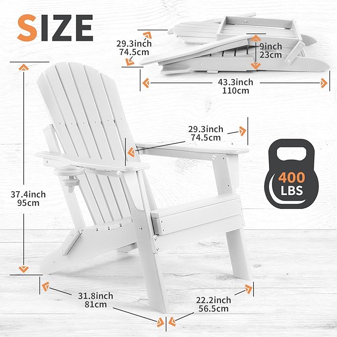 FUNBERRY Folding Adirondack Chair Set of 6, All Weather HDPE Fire Pit Chairs with Cup Holder for Outdoor