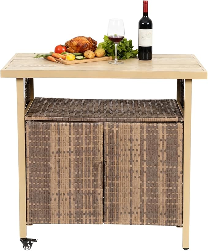 Outdoor Wicker Bar Cart, 35.43" Patio Wine Serving Cart with Plastic Wood Top, Rolling Rattan Beverage Bar Table with Wheels & Storage for Garden, Backyard & Poolside, Beige