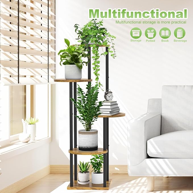 YOCOMEY 5 Tier Wood Tall Plant Stand Metal Rack Indoor, Multiple Flower Pot Holder Shelves Corner Rack, Round Planter Shelf Display Rack Storage Organizer for Patio Living Room Balcony(Black)