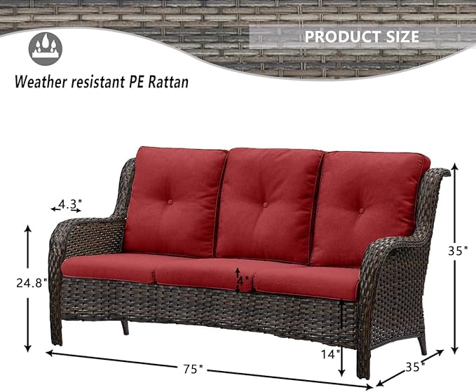HUMMUH Outdoor Furniture 5 Pieces Patio Furniture Set Wicker Outdoor Sectional Sofa with 2 Patio Chairs,Ottomans(Brown/Red)