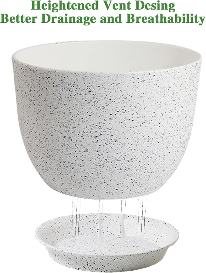 UOUZ 12inch Large Plant Pot, Modern Plastic Planter with High Driange Holes and Saucer for Indoor Outdoor Garden Plants and Flowers, White Speckles