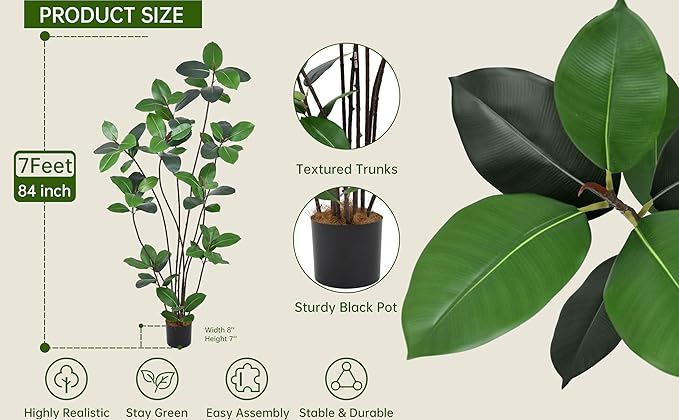 Artificial Green Rubber Tree 7FT with 68 Glossy Leaves & 10 Heads & Black Pot Lifelike Tall Large Faux Tropical Ficus Elastica Plant 84 Inch for Indoor Home Office Store Corner Modern Decor