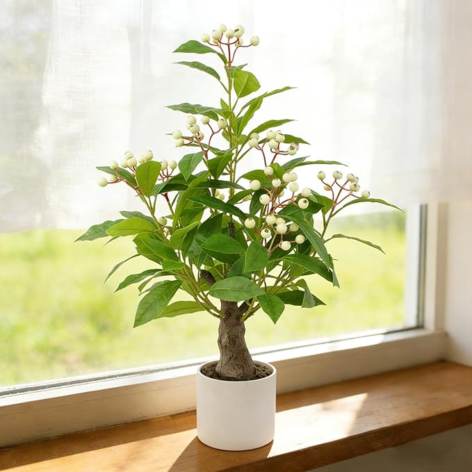 24" Artificial Greenery Tree with Pot, Indoor Fake Green Plant Small Faux Berry Branches Green Potted Tree Stems for Tabletop Desk Office Kitchen Living Room Bedroom Bathroom Home Decor (White Berry)