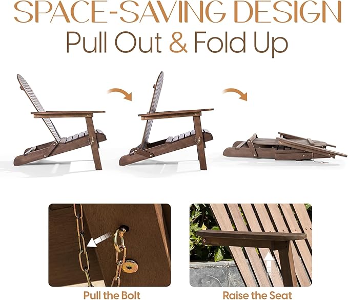 Idzo Outdoor Wooden Folding Adirondack Chair Set of 2 with Pre-Assembled BackRest, Wood Patio Chair for Garden Backyard Porch Pool Deck Firepit