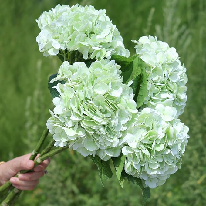 Green Hydrangea Artificial Flowers - High-End 22.5cm Oversized Heads (4pcs) | Real-Touch Design | Perfect for Christmas, Weddings, Home Decor, Parties & Outdoor Use (Light Green)