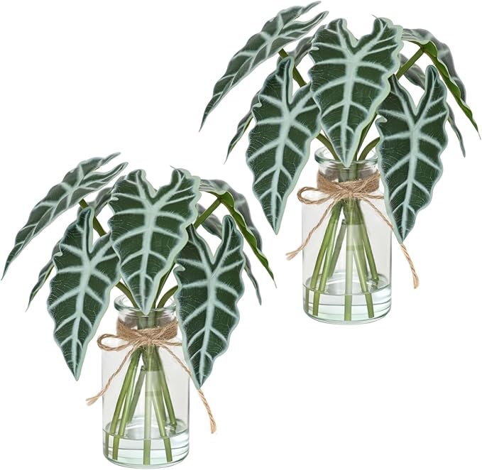 Muhanjia Artificial Flowers Turtle-Back, Alocasia Leaf, in Glass Vase with Faux Water,7Pcs Artificial Leaves Real Touch Latex Leaves for Centerpiece (2, Alocasia Leaf)