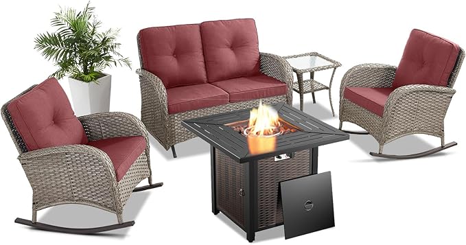 Belord 5 Pieces Patio Furniture Set with 50000 BTU Propane Fire Pit Table, All-Weather Patio Rocking Chairs, Loveseat Glider and Side Table for Outdoor Conversation Deck Poolside Backyard