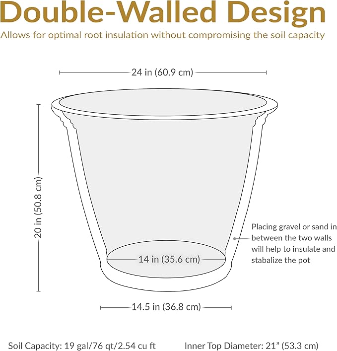 Sunnydaze 24-Inch Anjelica Large Plastic Pot for Plants - Double-Walled Outdoor Polyresin Round Planter Porch Pot with Drillable Drainage Holes - Slate - 2pk