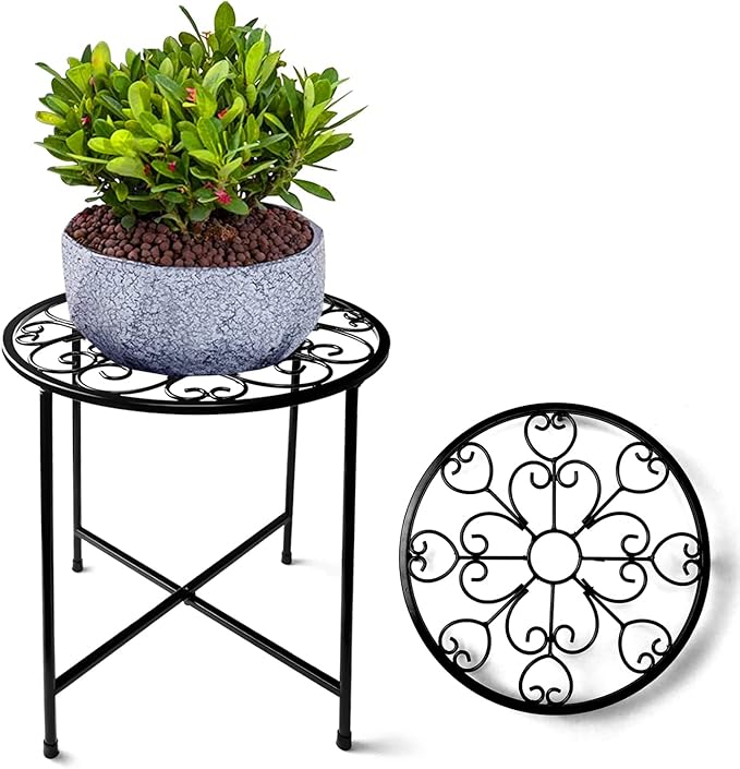 KABB Metal Plant Stand, 15'' Tall Flower Pot Set, Modern Rustproof 10-inch Round Outdoor Iron Art Stand, Black Decorative Stool for Indoor Plants