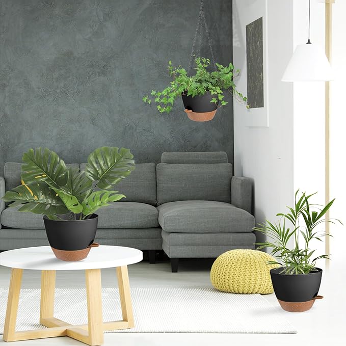 Vanslogreen Hanging Planters for Indoor Outdoor Plants, 1 Set Self Watering Hanging Pot with Drainage Holes & Removable Tray (Black-12inch, 12'')