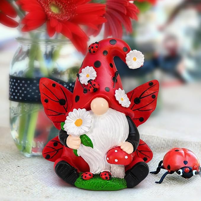 Ladybug Gnomes Spring Decorations - Resin Ladybug Figurines Spring Summer Garden Gnomes Decorations - Gnomes Gifts for Women