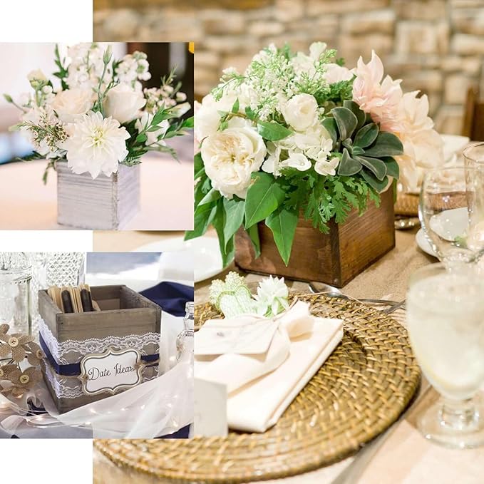Efavormart 2-Pack 5"x5" Whitewash Wood Planter Boxes with Plastic Liners, DIY Rustic Square Wooden Boxes for Succulents, Table Centerpieces and Wedding Party Decor