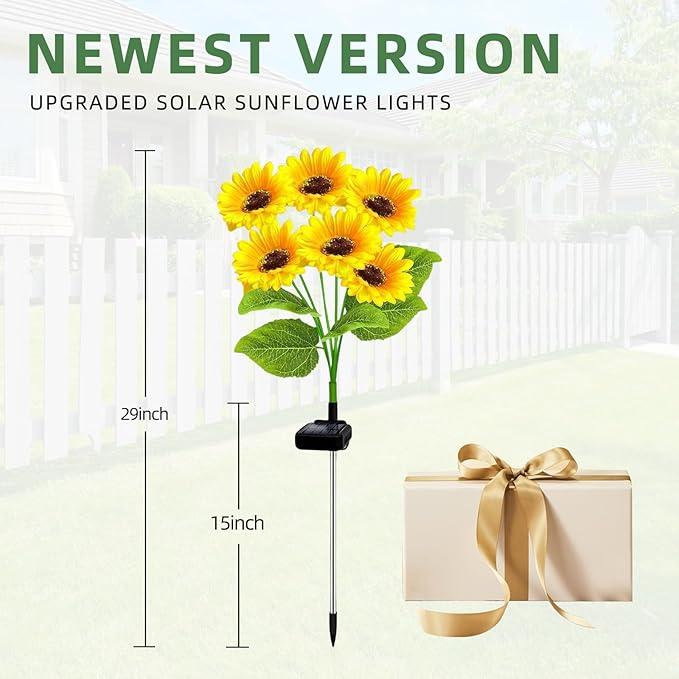 Solar Sunflower Lights Outdoor Garden Yard Decor Waterproof, 2 Pack with 12 Sunflowers Lights, Flowers Decorations Christmas Birthday Gifts for Mom Women Grandma