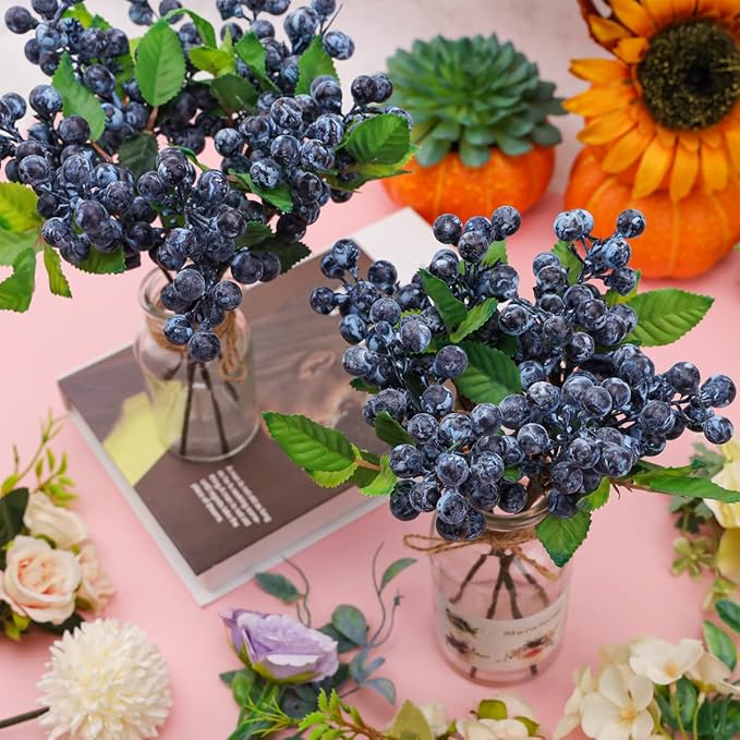 Fake Blueberries Artificial Berry Picks for Decor,Artificial Blueberry Stems for Lifelike Fruits Arrangement Flowers DIY Christmas Wedding Crafts-3 Pack