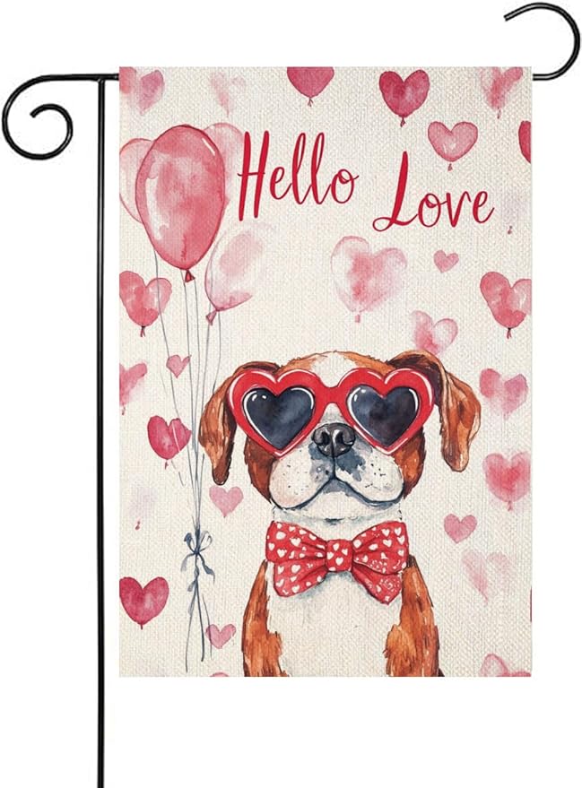 Valentine's Day Saint-Bernard Hello Love Garden Flag, House Yard Plaid Love Heart Outside Decoration, Spring Holiday Wedding Anniversary Outdoor Small Decor 12x18(12617)
