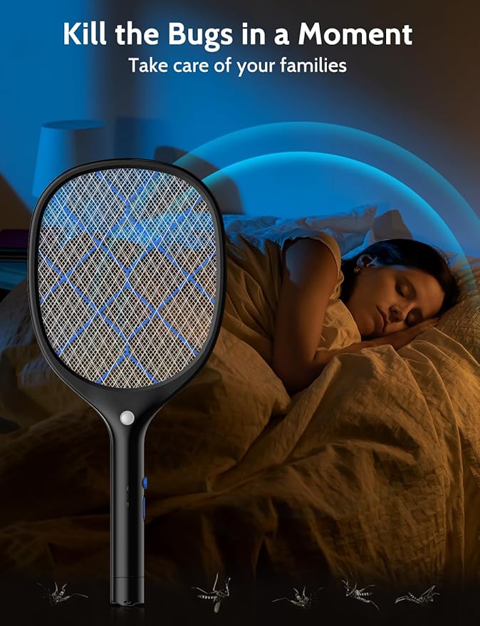 YISSVIC Electric Fly Swatter Bug Zapper Racket 4000V Rechargeable Mosquito Killer with LED Light for Indoor Home Office Backyard Patio Camping (Black Blue)
