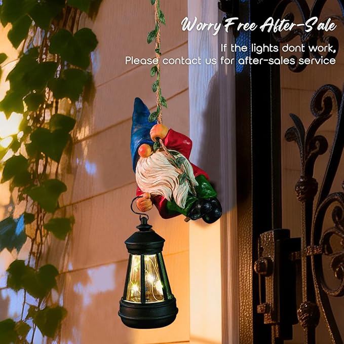 Solar Hanging Gnome Garden Statues Climbing Rope Gnome with LED Lantern Spring Outdoor Decor Tree Hugger Yard Porch Wall Fence Decoration Christmas Easter Birthday Gift for Mom Women
