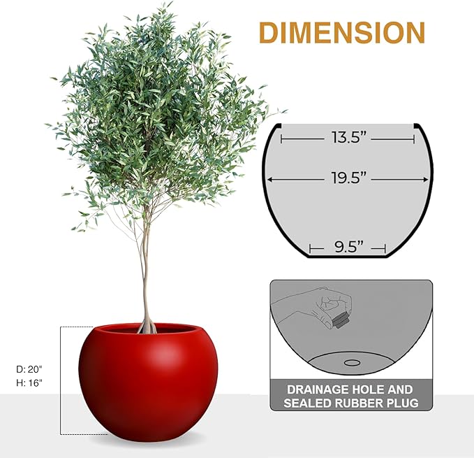 KUTE NEST 16" H x 20" D Globo Fiberstone Round Planter with Drainage Hole, Smooth Finishes, Weather Resistant for Indoor and Outdoor Use, Included 2 Extra Coco Mats (Red, 13.5" Pot Opening)