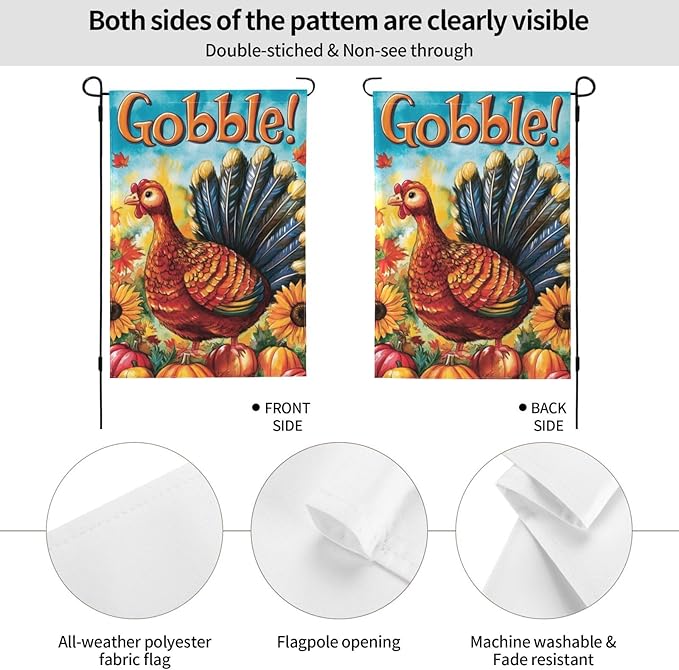 Thanksgiving Day Gobble Garden Flag 12x18 Inch Double Sided All-Weather Polyester Outdoor Flag For Patio Lawn Yard And Garden Welcome Decor