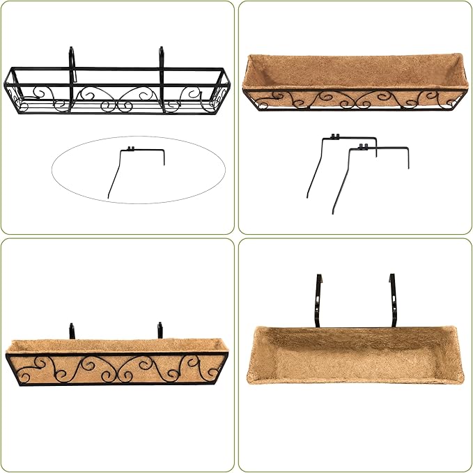Y&M 30 Inch Butterfly Window Deck with Coco Liner, Fence Metal Hanging Flower Planter Window Basket Deck Railing Planter Boxes for Outdoor Garden Lawn 2pcs