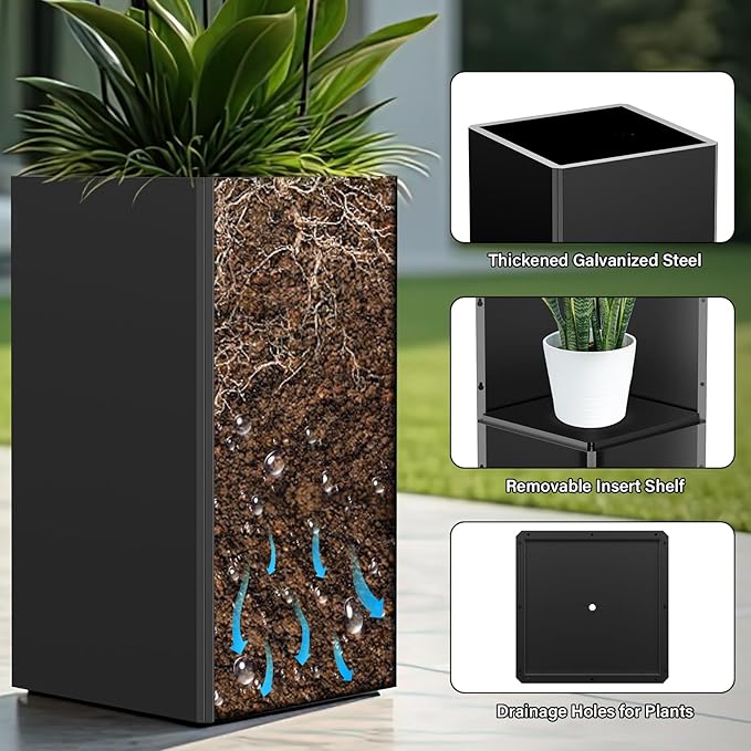 Gabviem 26" Tall Planters, Outdoor＆Indoor Black Planter Pots, Durable All-Weather Use with Drainage Holes, Large Planters Modern Décor for Porch, Patio, Backyard