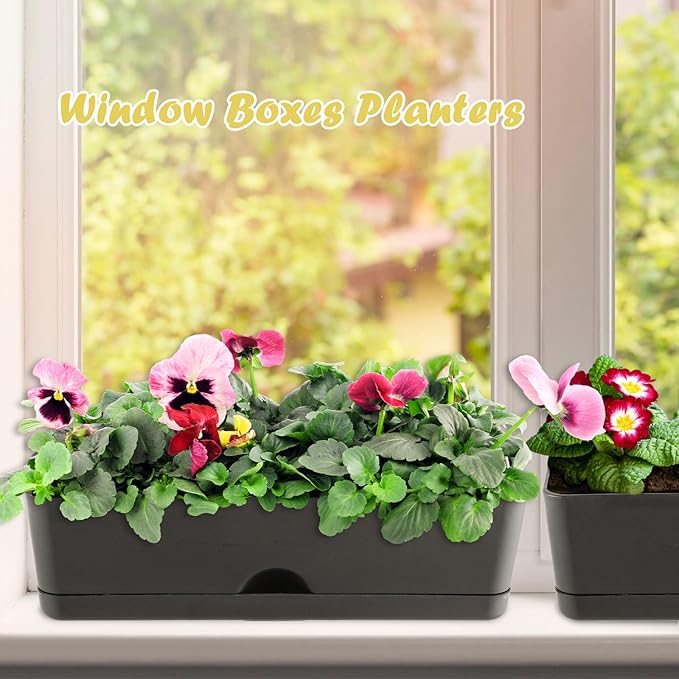 6-Pack Large Window Boxes Planters 16 Inch Rectangle Plant Box Rectangular Planters for Outdoor and Indoor Plants Plastic Windowsill Planter for Herbs Vegetable Flowers Long Window Sill Planters