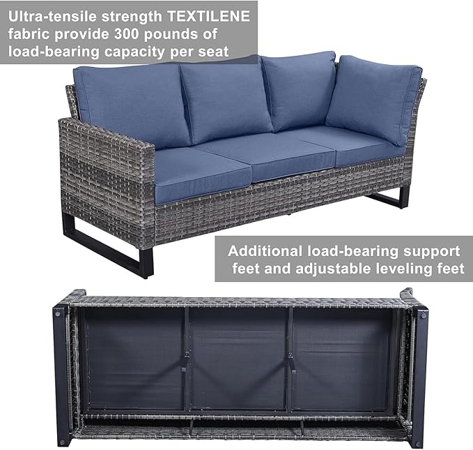 Belord Patio Sectional Furniture Set with Fire Pit Table: 8 Pieces Wicker Patio Conversation Set with L Shaped Sofa, Outdoor Swivel Glider Rocker, Rattan Ottomans, Removable Cushions Blue