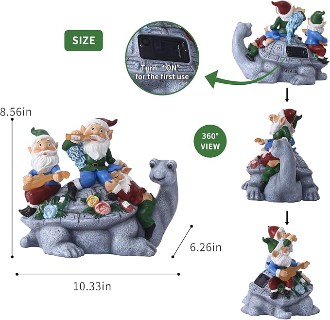 Solar Garden Outdoor Statues Gnome Turtle Three Gnomes Having Party on Turtle with 7 LED Lawn Decor Outside Decorations for Patio, Balcony, Yard Ornament Unique Garden Gift