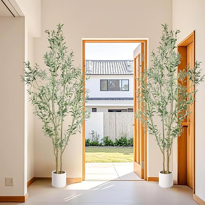 Artificial Fake Olive Tree 7FT Tall 2Pack with White Planter Faux Silk Olive Tree for Home Living Room Office Decor Faux Artificial Plants Indoor with Fruit & Free Moss