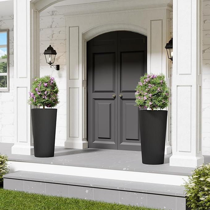 Diyfire Tall Outdoor Planter Front Porch Decor Set of 2-23.6" H Tall Planters for Outdoor Plants with Drainage Hole, Round Conical Design Flower Pots for Indoor/Patio/Garden, Black