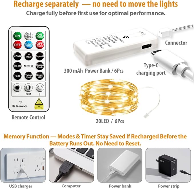 HXWEIYE 6 Pack Rechargeable Fairy Lights Battery Operated with Remote & DIY Timer, 7ft 20LED Mini Twinkle String Light for Mason Jar DIY Wedding Table Centerpieces Party Bedroom Christmas (Warm White)