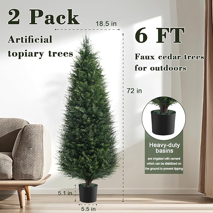 Chillchard Two 6ft Artificial Plants Topairy Faux Cedar Trees for Outdoor Planters, 72IN Tall Fake Pine Bushes UV Resistant Large Potted Shrubs for Front Porch Décor