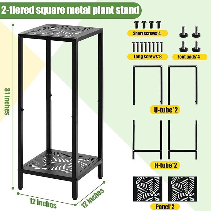 2-Tier Tall Metal Square Plant Stand 31” Heavy-Duty Modern Flower Pot Rack for Indoor Living Room, Corner Side Table for Outdoor Patio, Garden, and Balcony, Black