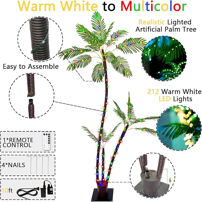 SOSHOT 6FT Lighted Artificial Palm Tree with Three Trunks and 212 LED Lights with Remote Control and App Waterproof for Tiki Bars, Patios,Beaches,Yards Pool, Cruise Party-Warm White to Multicolor