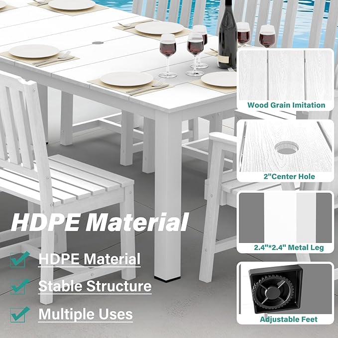 9-Piece Patio Dining Set, Outdoor Dining Set for 8, HDPE All-Weather Outdoor Furniture with 75.20” Umbrella Hole Table, 2 Armchairs & 6 Armless Chairs, White