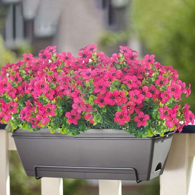 Grunyia 10 Bundles Artificial Flowers Outdoor UV Resistant Fake Flowers No Fade Faux Plants Garden Porch Window Box Decorating (Rose Red)