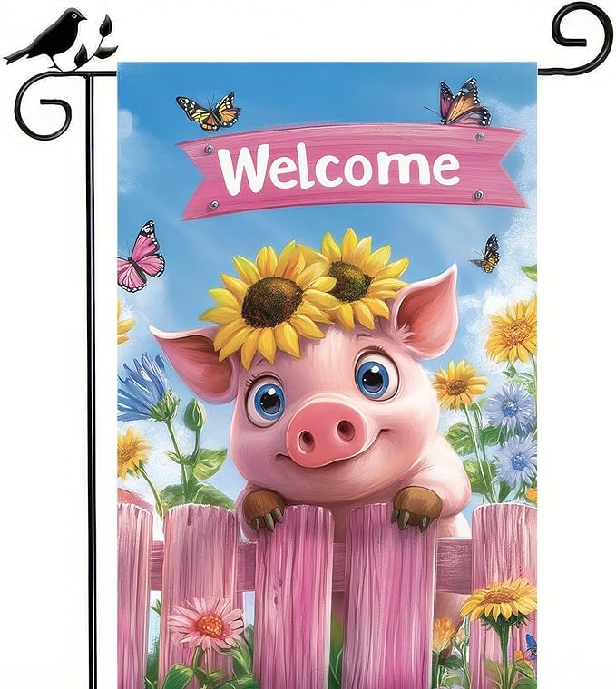 Spring Garden Flag 12x18 Inch Double Sided Outdoor Decoration Flags Welcome Pig with Sunflowers Colorful Floral and Butterflies Yard Banner for Spring or Summer