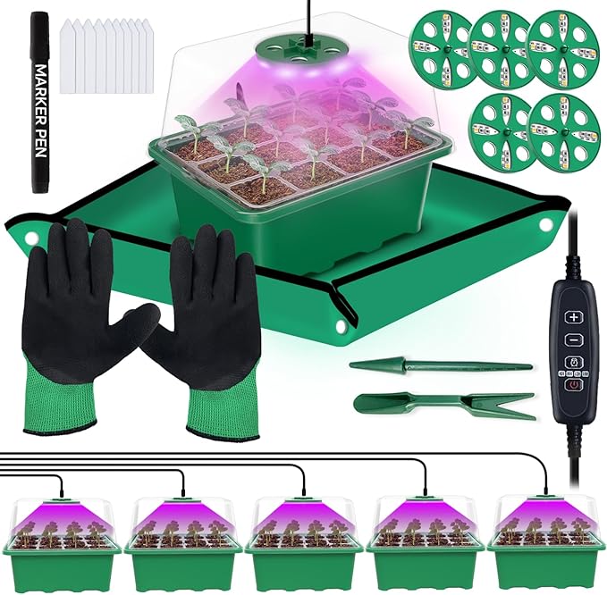 5 Packs Seed Starter Tray with Grow Light, (Value Pack), 60 Cells Seed Starter Kit with Heightened Lid, Adjustable Humidity Domes,Garden supplies for Plant Flower Vegetable Seeds Germination