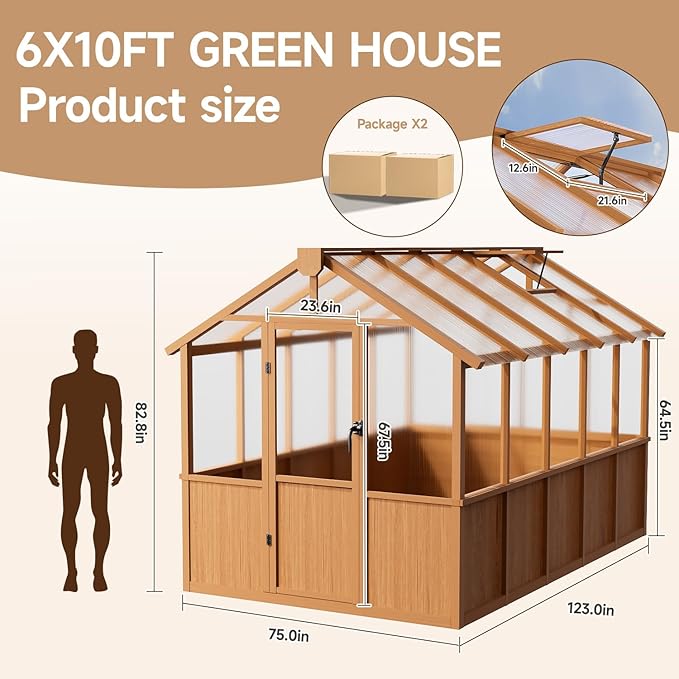 6x10 FT Wooden Greenhouse,Natural Wood Garden House for Plants,Heavy Duty Green House with Polycarbonate Panel, Walk-in Large Garden Greenhouse for Yard, Patio, and Backyard