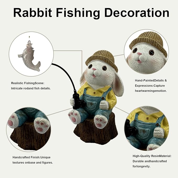 Garden Rabbit Pond Statues Decoration, Fishing Bunny Garden Statue Outdoor Koi Pond or Waterfall Decor, 7.1" Rabbit Fishing Poolside Statue, Animals Patio, Lawn Sculpture, Great Gifts for Mom & Women