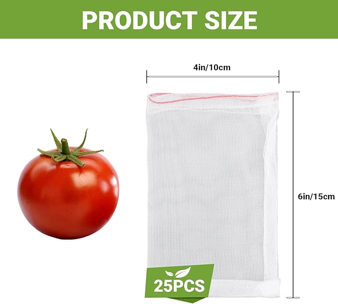 Mesh Fruit Cover Bags Against Birds - 25pcs 4x6 in Protection Bags With String for Trees, Vegetables, Flowers - Netting Away From Bugs
