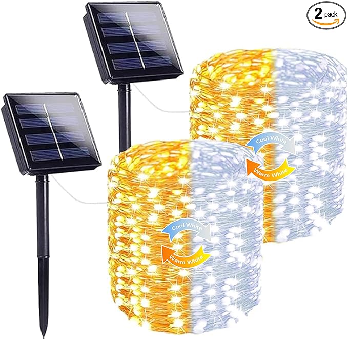 Warm White and Cool White Color Changing Solar String Lights for Outside, 2 Pack 400LED Solar Fairy Lights Outdoor Waterproof, Copper Wire with 8 Modes Solar Twinkle Lights for Tree Garden Party
