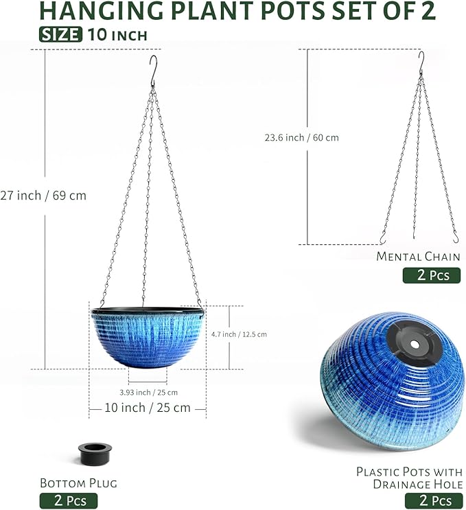 LESOASIS 10inch Hanging Planters for Indoor and Outdoor Plants, 2 Pack Hanging Planter with Drainage Hole, Round Hanging Flower Pots for Garden Home Decor (Blue Glaze)