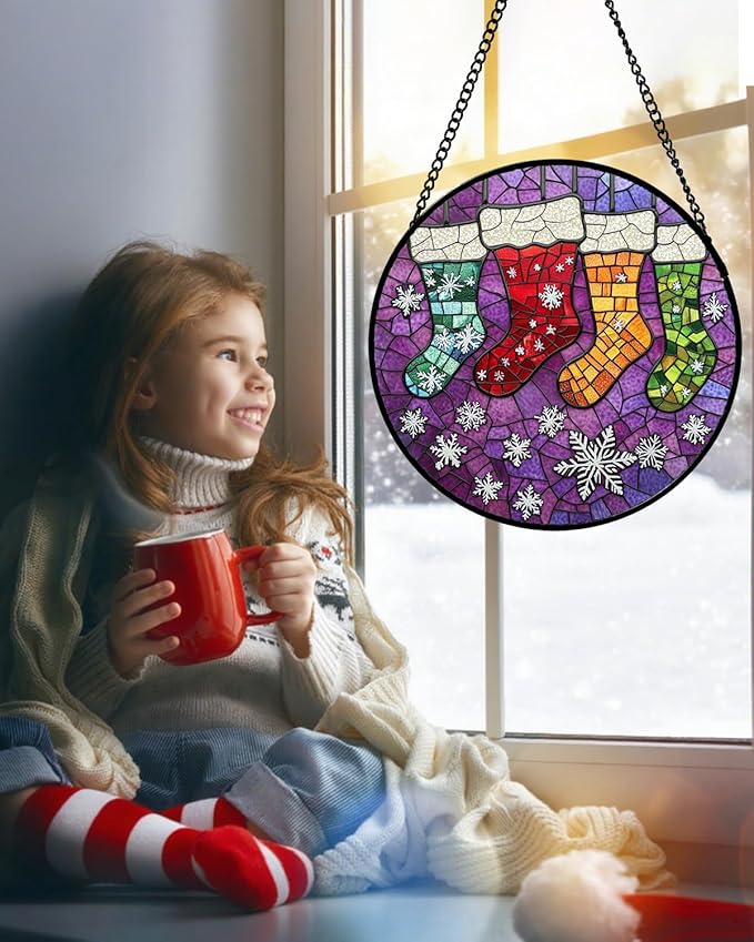 Stained Glass Window Hanging - Christmas Stockings Suncatcher for Doors Home Christmas Decoration Winter Sun Catcher Thanksgiving New Year Birthday Gifts for Women Men Mom Nana Girl 6.3 in