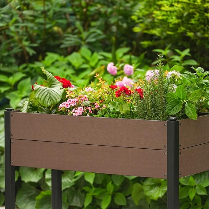 42" l x 33"h HDPE Elevated Garden Bed with Storage Shelf - Wood Grain Finish, All-Weather Standing Planter Box with Sturdy Black Aluminum Frame for Vegetables, Herbs on Patio, Balcony & Outdoors