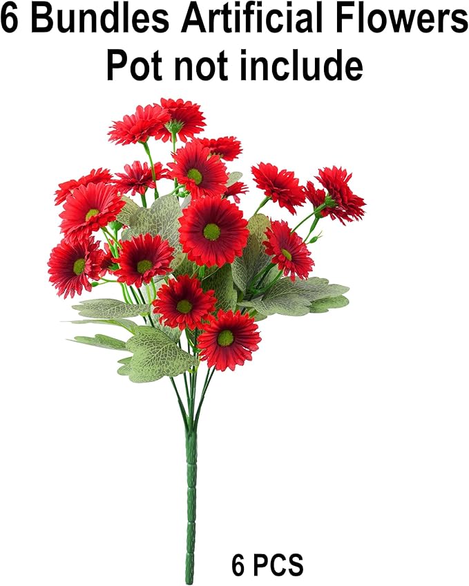 HyeFlora Artificial Dahlia Flowers for Outdoors Faux Plants Spring Decor, 6 Bundles Red Fake Silk Flowers for Outside Realistic UV Resistant for Planter Front Door Porch Patio Balcony Yard Home