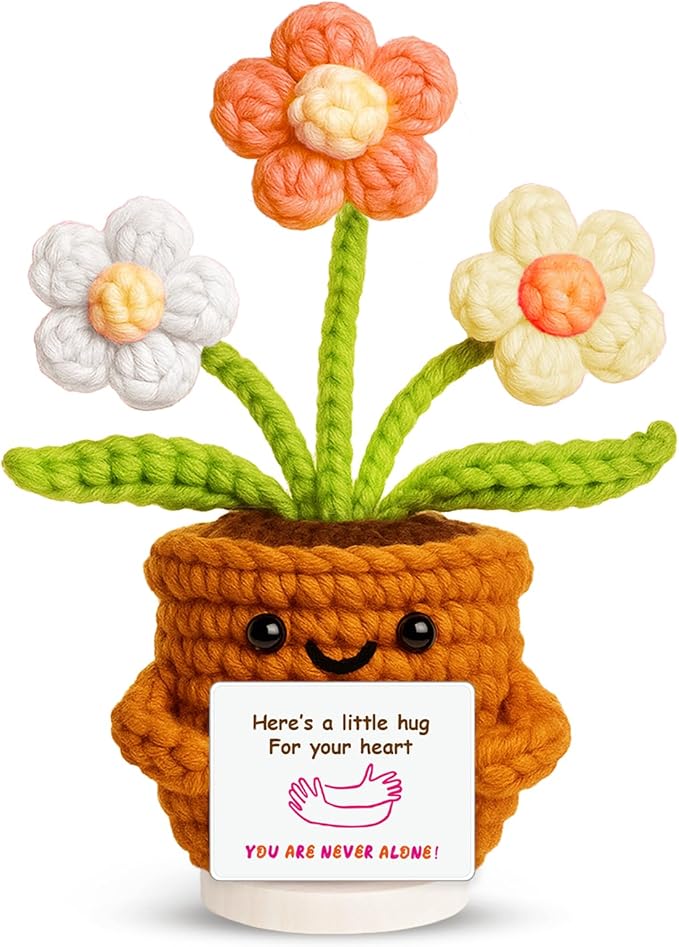penzoos Emotional Support Plant, Handmade Crochet Potted Flower with Inspirational Message Card, Orange & White Knitted Daisy, Stress Relief Gift for Friends, Family, and Coworkers