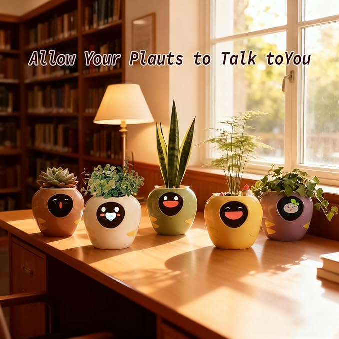 Odpaltoy Smart Plant Pot with Expression, AI Intelligent Flower Pot for Indoor Decoration, Smart Garden Pot with Water/Light/Temperature Sensors, Ivy AI Planter (Yellow（Big）)