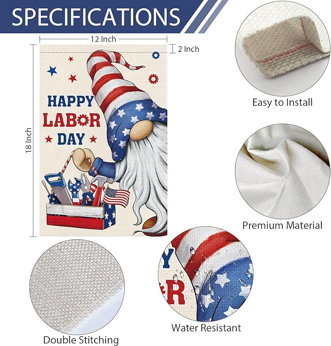 Heyfibro Happy Labor Day Gnome Garden Flag 12 x 18 Double Sided Burlap Working Tools Patriotic USA Flags for Outdoor Outside Farmhouse Decoration (ONLY FLAG)